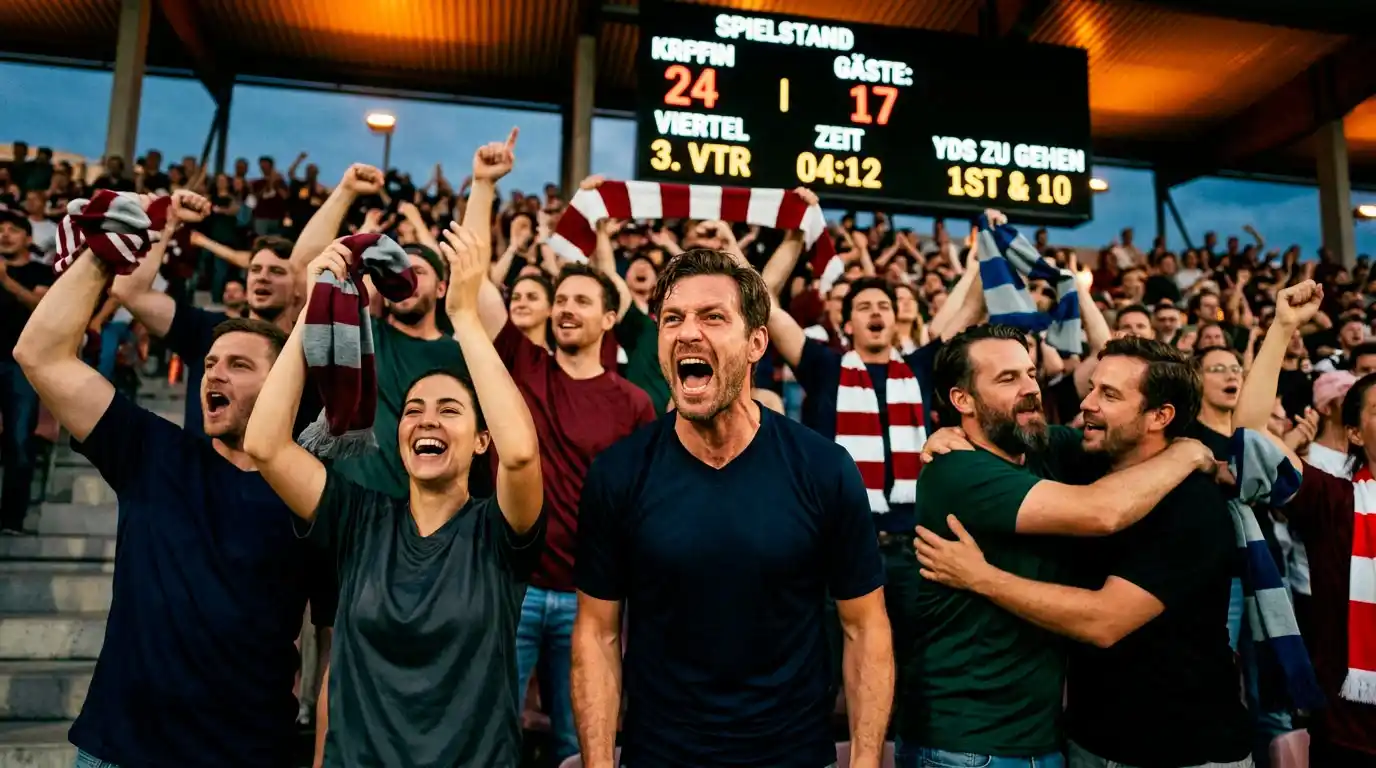 Deutsche NFL-Fans im Stadion mit Trikots und Fahnen bei einem Regular-Season-Spiel