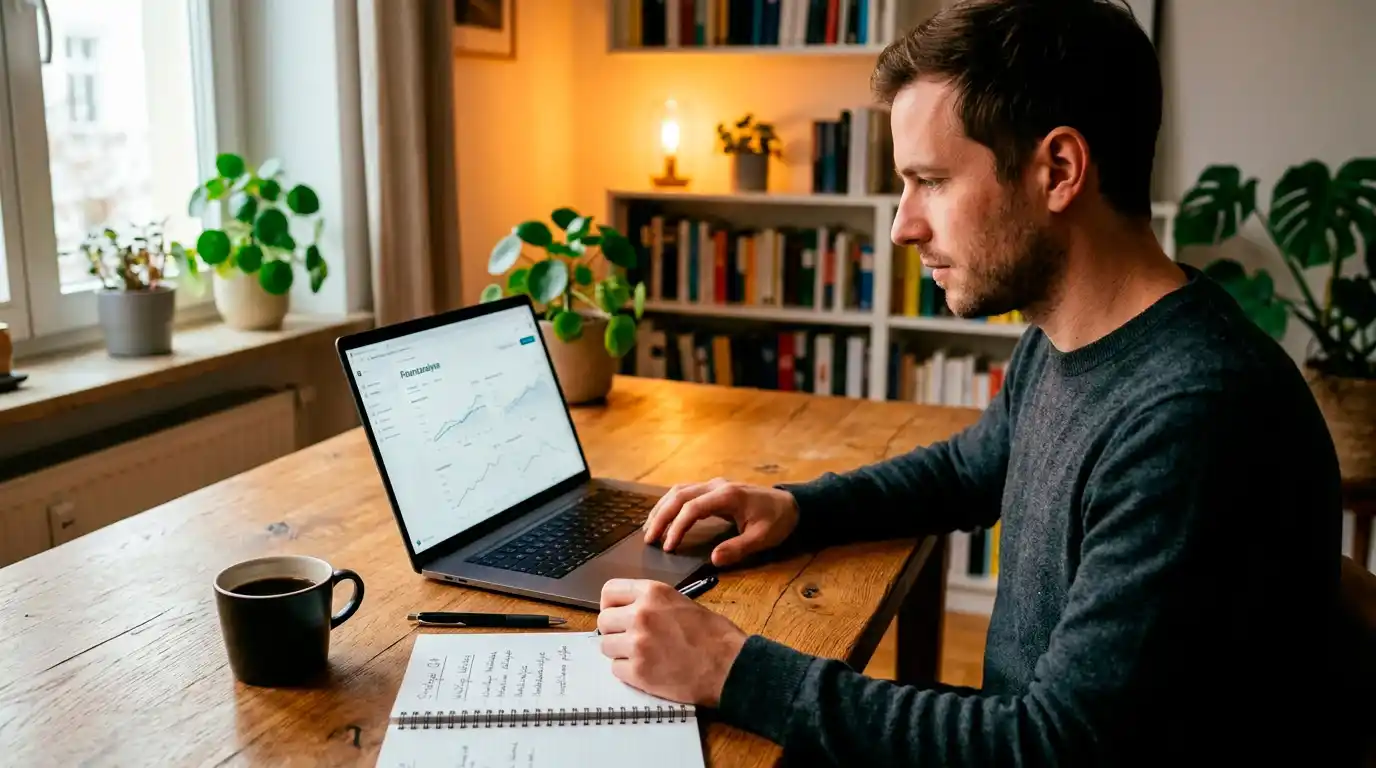Analyst wertet NFL-Statistiken und Quotenbewegungen am Laptop aus